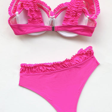 Sexy High Waist Bikini Women Solid Neon Hot Pink Ruffled Swimsuit Push Up Padded Bathing Suit Swimwear  -  GeraldBlack.com