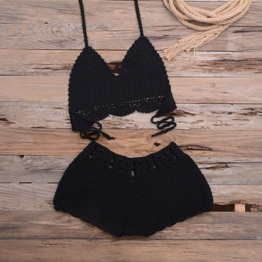 Sexy Hollow Out Knitted Crochet Swimsuit Solid High Waist Women's Bikini  -  GeraldBlack.com