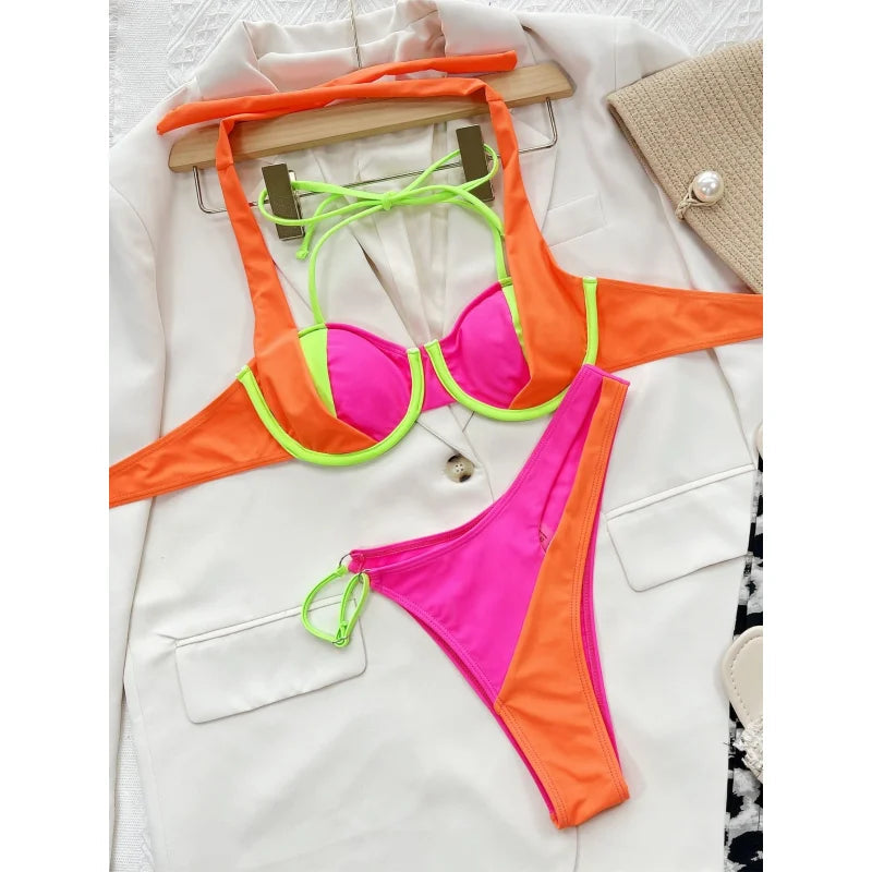 Sexy Hot Pink Patchwork Bikini Swimsuit Women Push Up Underwire Swimwear Brazilian Cut Out Bathing Suit  -  GeraldBlack.com