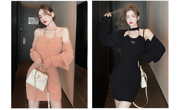 Sexy Knitted Bodycon 2 Pieces Dress Bottoming Women Soft Elastic Sweater Autumn Winter Party Dresses  Vestidos  -  GeraldBlack.com