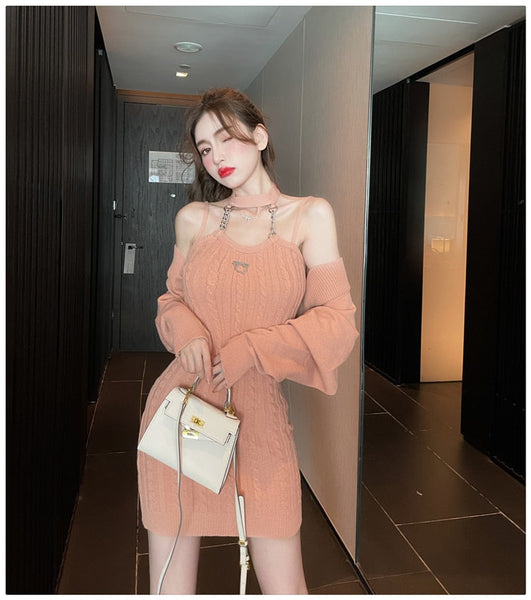 Sexy Knitted Bodycon 2 Pieces Dress Bottoming Women Soft Elastic Sweater Autumn Winter Party Dresses  Vestidos  -  GeraldBlack.com