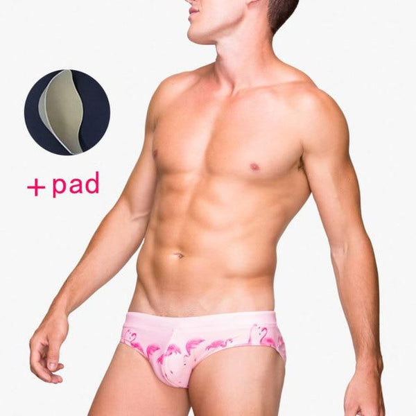 Sexy Men's Pink Flamingo Print Push Up Padded Beach Swimsuit Swimwear - SolaceConnect.com