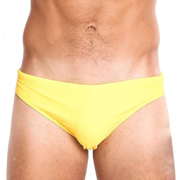 Sexy Men's Solid Yellow Low Rise Swimwear Briefs with Penis Pouch - SolaceConnect.com