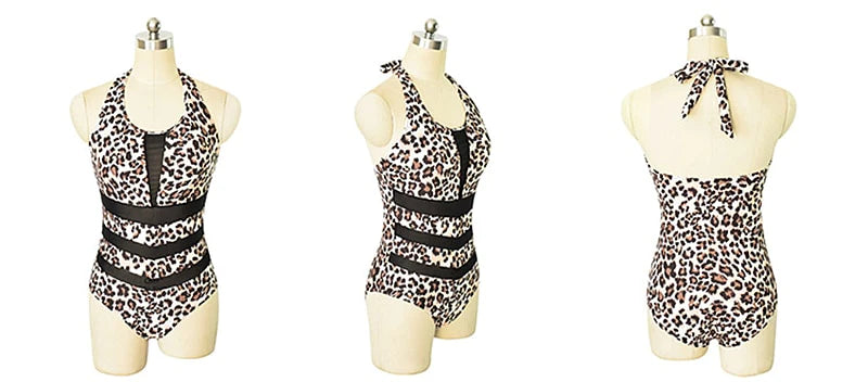 Sexy One Piece Leopard Printed Sheer Mesh Swimming Suit for Women  -  GeraldBlack.com