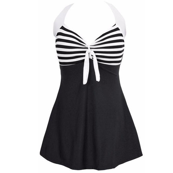 Sexy Plus Size Stripe Padded Halter Skirt One Piece Swimwear for Women - SolaceConnect.com