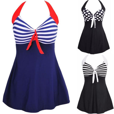 Sexy Plus Size Stripe Padded Halter Skirt One Piece Swimwear for Women - SolaceConnect.com