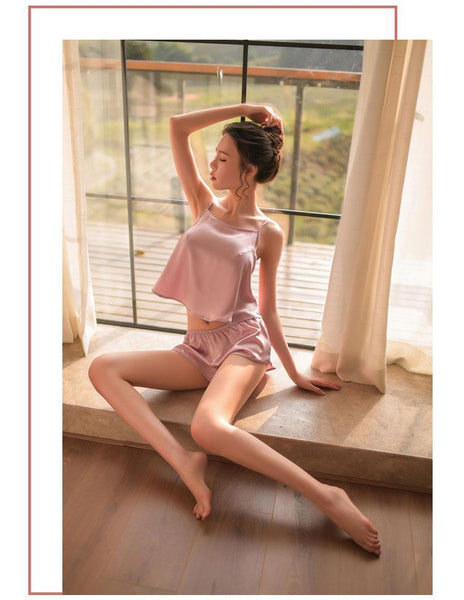 Sexy Pure Color Silk Women's Two-Piece Pajamas Set for Summer - SolaceConnect.com