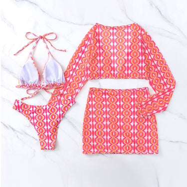Sexy Red Striped Bikini Women Long Sleeve Cover Up with Skirt 4 Piece Swimsuit Lace Up Bathing Suit High Waist Swimwear  -  GeraldBlack.com