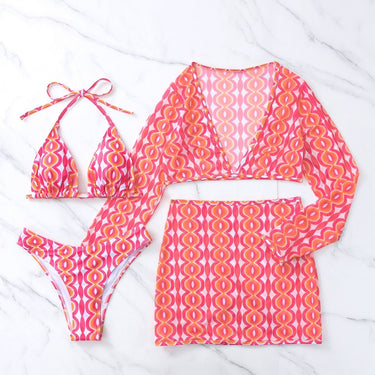 Sexy Red Striped Bikini Women Long Sleeve Cover Up with Skirt 4 Piece Swimsuit Lace Up Bathing Suit High Waist Swimwear  -  GeraldBlack.com