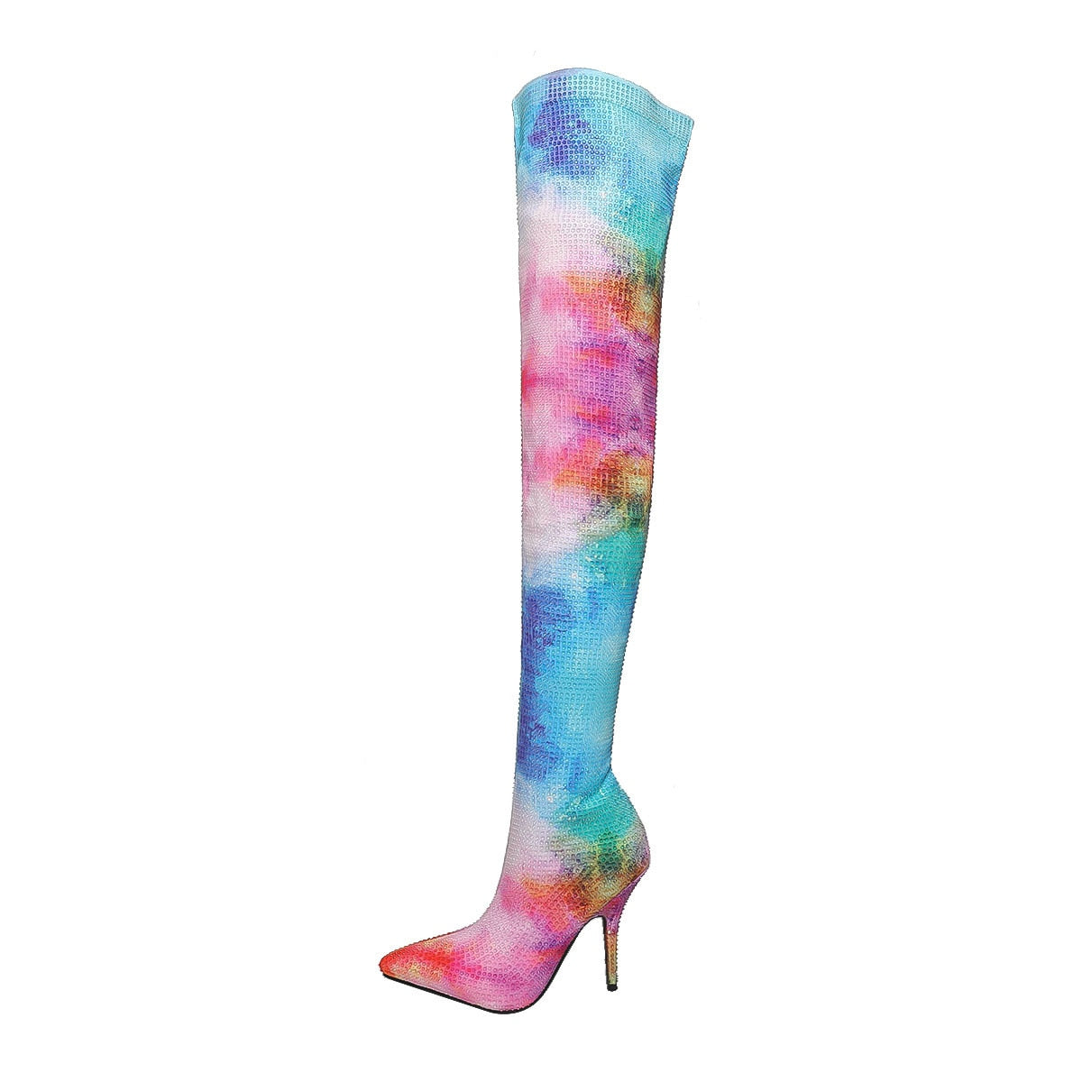 Sexy Rhinestone High Heels Mixed Colors Over-the-knee Boots Pointed Toe Large Size 46 Botines Slip-on Stiletto Botas  -  GeraldBlack.com