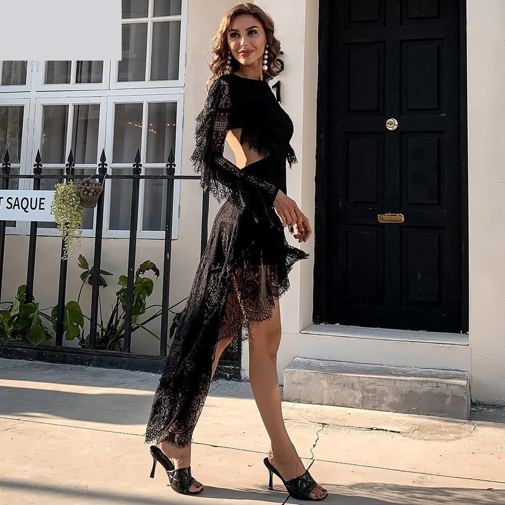 Sexy See Through Backless Long Sleeve A-Line Lace Dress for Women  -  GeraldBlack.com