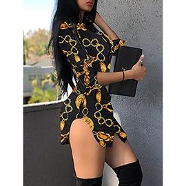 Sexy Short Lace Nightclub Dress for Women with Bend Hem Chain Belt Print - SolaceConnect.com