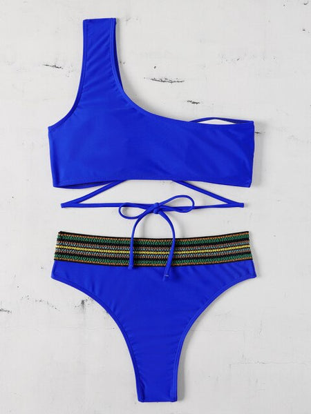 Sexy Solid Color Off Shoulder Micro Bra and Low Waist Thong Swimsuit  -  GeraldBlack.com