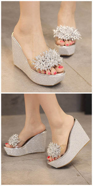 Sexy Trifle Slides Casual Beading Open Toe Wedges Sandals for Women - SolaceConnect.com