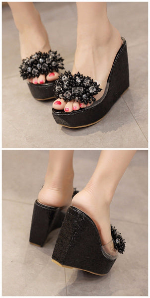 Sexy Trifle Slides Casual Beading Open Toe Wedges Sandals for Women - SolaceConnect.com