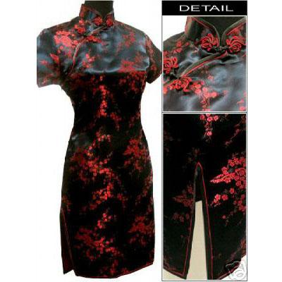 Sexy Vintage Navy Blue Traditional Satin Chinese Flower Dress for Women - SolaceConnect.com