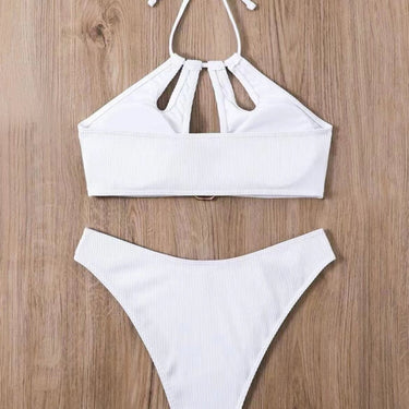 Sexy White Bikini Women Solid Ribbed Cut Out Ring Linked Push Up Triangle Swimsuit Summer Beach Micro Swimwear  -  GeraldBlack.com