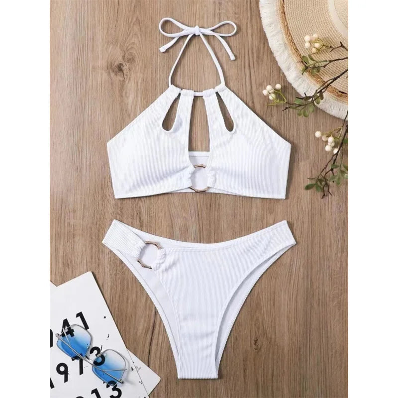Sexy White Bikini Women Solid Ribbed Cut Out Ring Linked Push Up Triangle Swimsuit Summer Beach Micro Swimwear  -  GeraldBlack.com