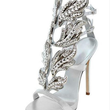 Sexy Woman's Gold Metallic Flame Bling Wing Decor Open Toe Pump Heels - SolaceConnect.com