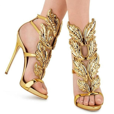 Sexy Woman's Gold Metallic Flame Bling Wing Decor Open Toe Pump Heels  -  GeraldBlack.com
