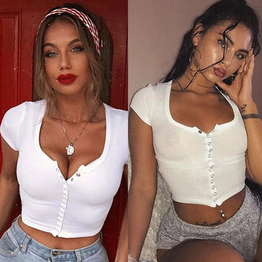 Sexy Women's Casual Fashion Short Sleeve Button Crop Top Tank Top Blouse - SolaceConnect.com