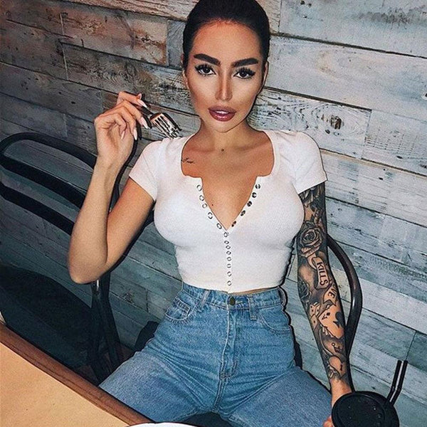 Sexy Women's Casual Fashion Short Sleeve Button Crop Top Tank Top Blouse - SolaceConnect.com