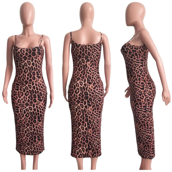 Sexy Women's Cheetah Leopard Print Spaghetti Strap Midi Plus Size Dress - SolaceConnect.com
