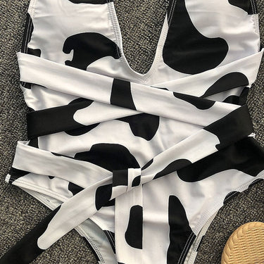 Sexy Women's Cow Pattern Deep V-Neck Padded Bandage One Piece Swimwear - SolaceConnect.com