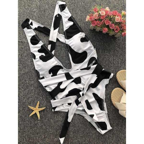 Sexy Women's Cow Pattern Deep V-Neck Padded Bandage One Piece Swimwear  -  GeraldBlack.com