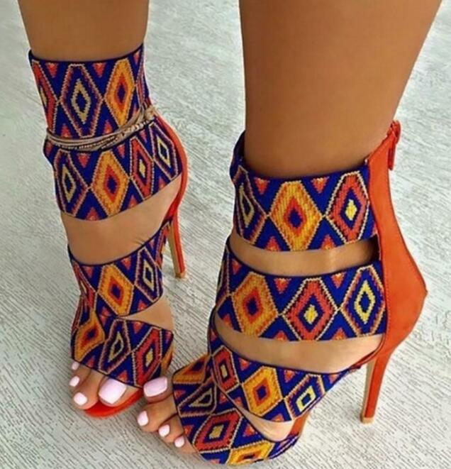Sexy Women's Orange Sandals Mixed Color Suede Leather Thin Heel Pumps - SolaceConnect.com