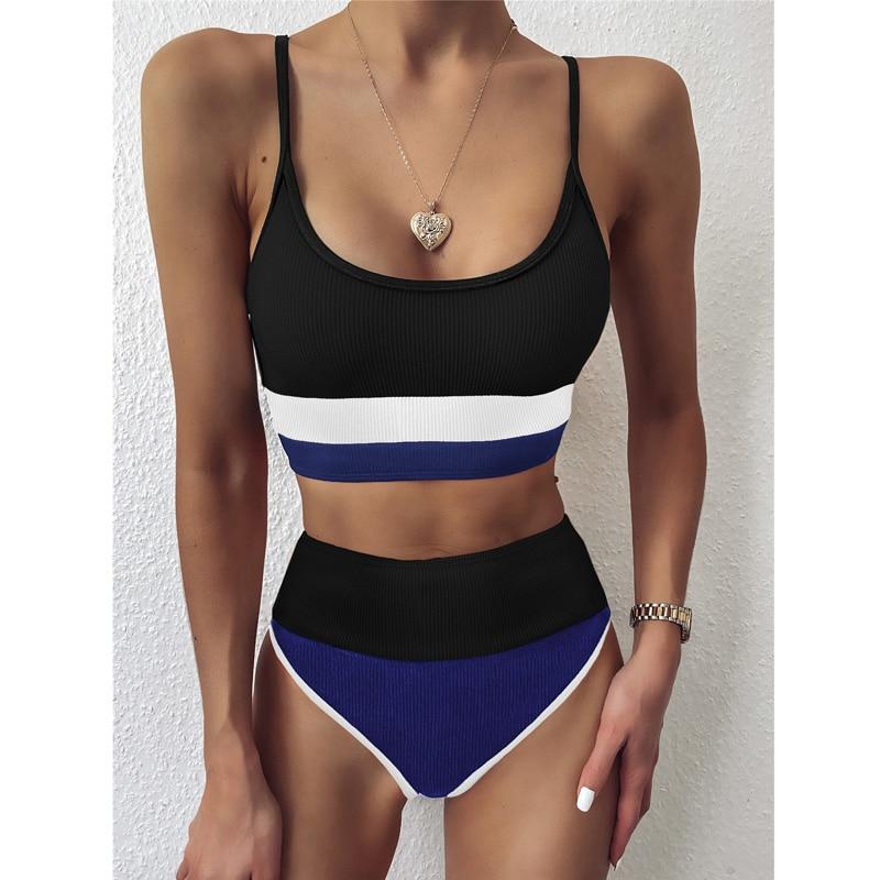 Sexy Women's Patchwork High Waist Push Up Sports Wear Swimwear Bikini Set - SolaceConnect.com