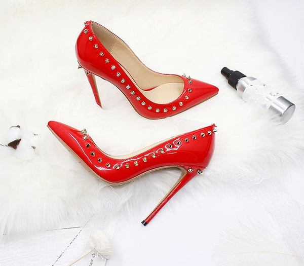 Sexy Women's Patent Leather Rivet Decor Pointed Toe High Heels Pumps  -  GeraldBlack.com