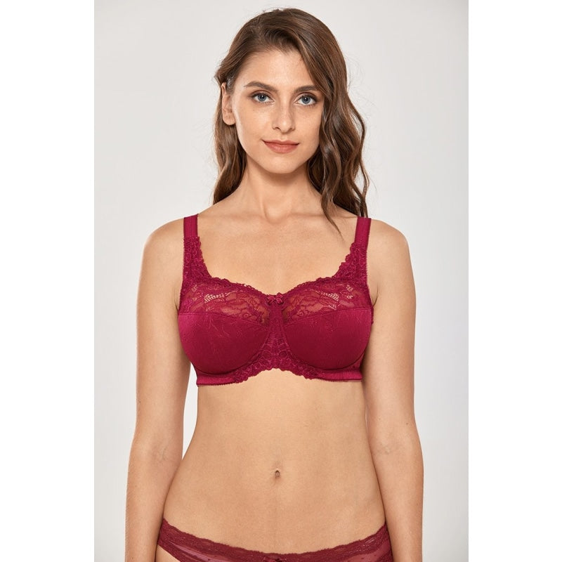 Sexy Women's Plus Size Cranberry Floral Lace Full-Coverage Wireless Unlined Bra  -  GeraldBlack.com
