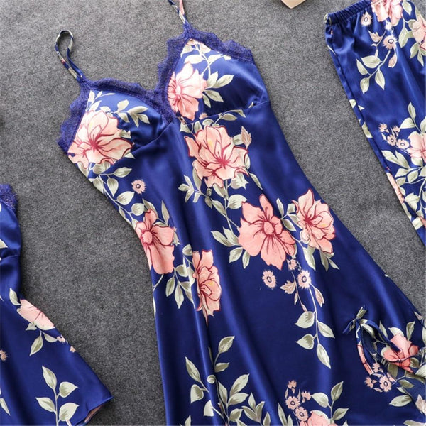 Sexy Women's Silk Satin Lace Overall Floral Print Nightie Pajama Set - SolaceConnect.com