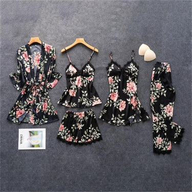 Sexy Women's Silk Satin Lace Overall Floral Print Nightie Pajama Set - SolaceConnect.com