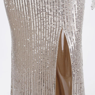 Sexy Women's Silver Sequined V Neck Full Stretchy Evening Party Maxi Dress - SolaceConnect.com