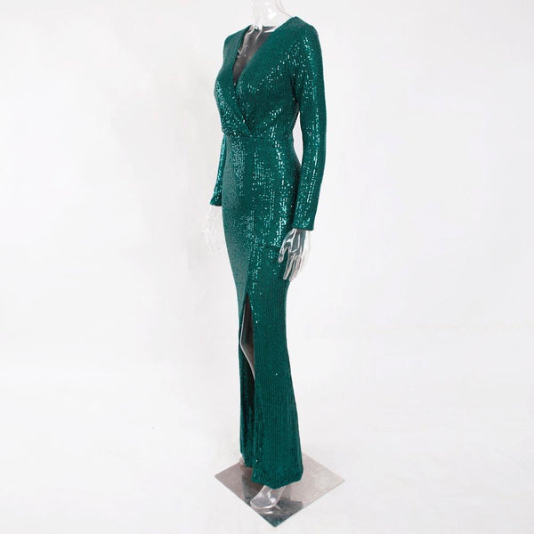 Sexy Women's Silver Sequined V Neck Full Stretchy Evening Party Maxi Dress - SolaceConnect.com