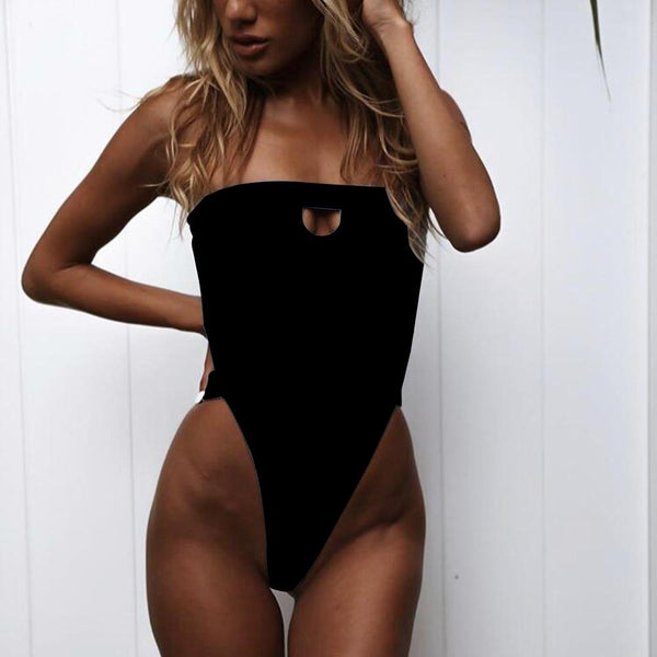 Sexy Women's Solid Strapless High Leg Backless One Piece Swimwear - SolaceConnect.com