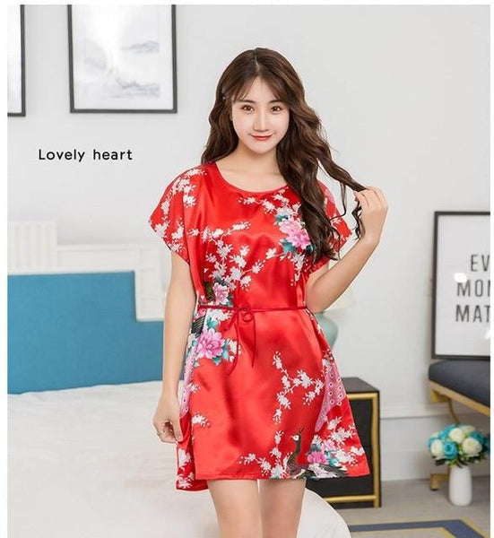 Sexy Women's Summer Casual Peacock Print Satin Sleepshirt Nightgown - SolaceConnect.com