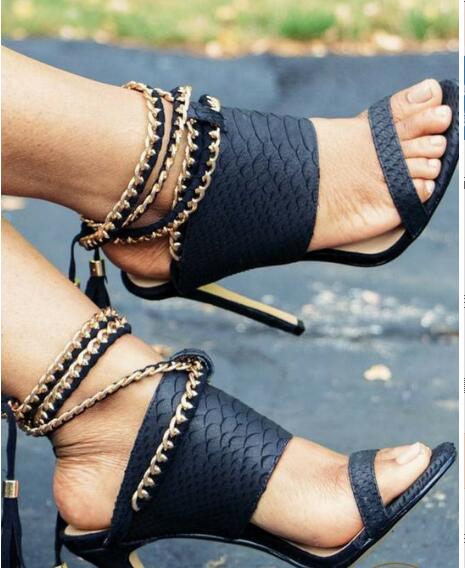 Sexy Women's Summer Fashion Metal Chains Tassel Lace Up Thin Heel Pump - SolaceConnect.com