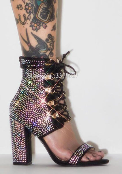 Sexy Women's Unique Bling Bling Crystal Design Lace-up Short Gladiator Boot - SolaceConnect.com