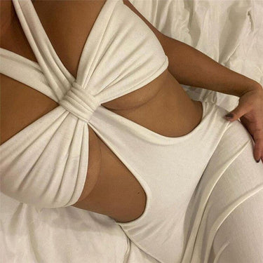 Cut Out Waist Sexy Dress Party Halter Neck White Pencil Mid Calf Length Casual Office Lady Dress - SolaceConnect.com
