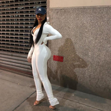 Sexy Women's White Knitted Ribbed Long Sleeves One Piece Bodycon Jumpsuit  -  GeraldBlack.com