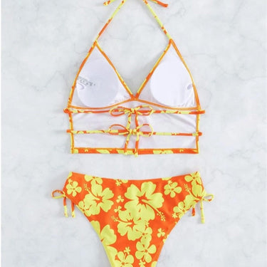 Sexy Yellow Floral Print Bikinis Women Halter Push Up Crop Top Beach Bathing Suit Lace Up High Waist Swimwear  -  GeraldBlack.com