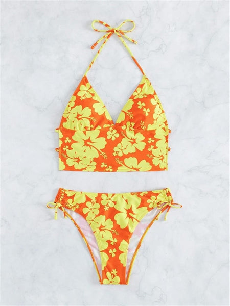 Sexy Yellow Floral Print Bikinis Women Halter Push Up Crop Top Beach Bathing Suit Lace Up High Waist Swimwear  -  GeraldBlack.com