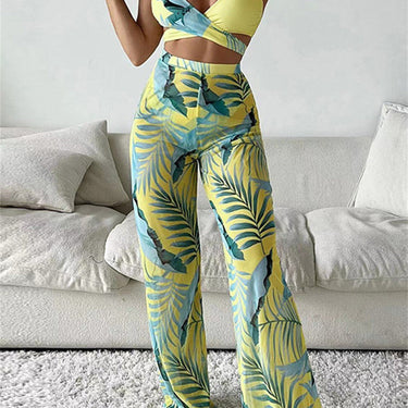 Sexy Yellow Leaves Print Women Push Up Cross Cover Up Pants 3 Piece Beach Suit Thong Beachwear  -  GeraldBlack.com