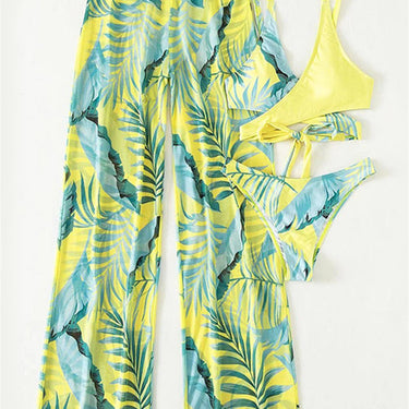 Sexy Yellow Leaves Print Women Push Up Cross Cover Up Pants 3 Piece Beach Suit Thong Beachwear  -  GeraldBlack.com