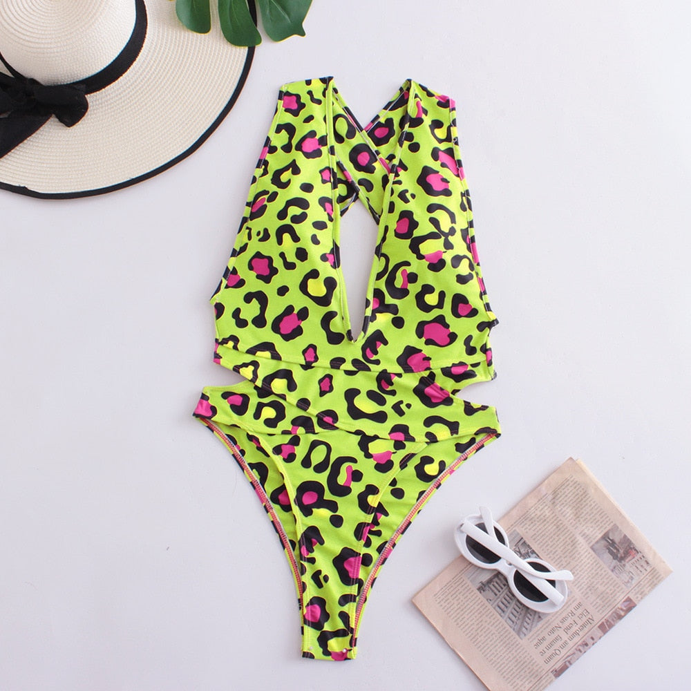 Sexy Yellow Leopard Print One Piece Swimsuit Women Deep V Neck Hollow Out Backless Swimwear Beach Bathing Suit  -  GeraldBlack.com