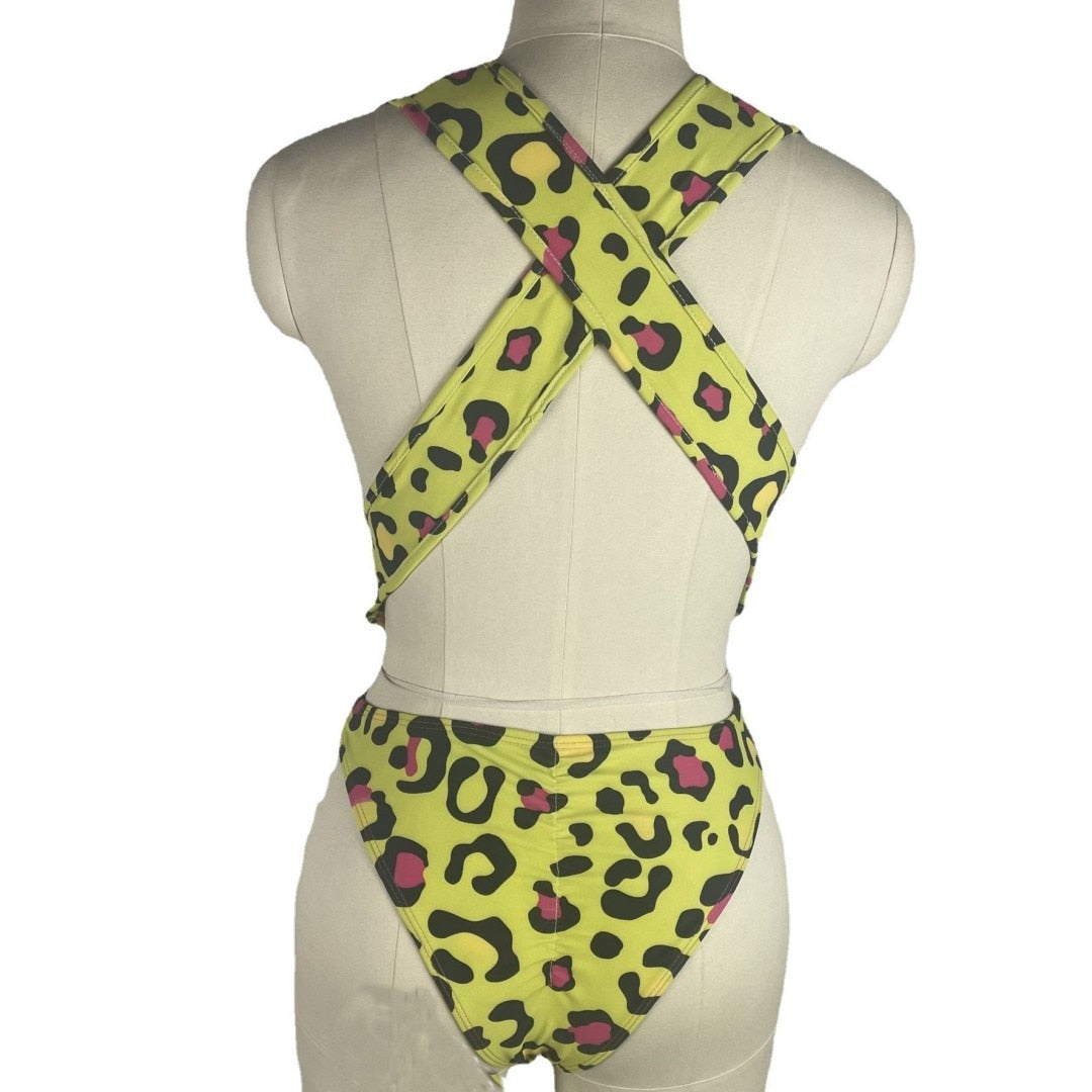 Sexy Yellow Leopard Print One Piece Swimsuit Women Deep V Neck Hollow Out Backless Swimwear Beach Bathing Suit  -  GeraldBlack.com