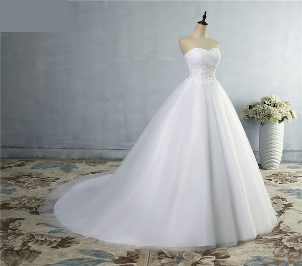 Sheer Beads Tulle Lace A-Line Bridal Wedding Dress with Crystal - SolaceConnect.com